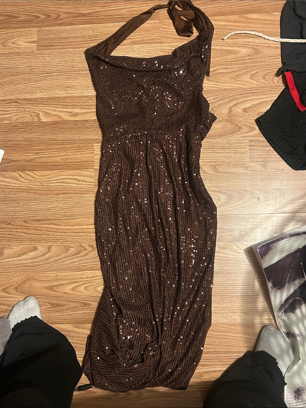 SHEIN Brown Sequin Backless Halter Midi Dress